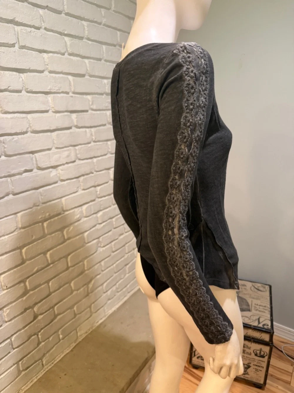 Free People Grey Lace Sleeve Henley Top Extra Small NWOT Boho Chic